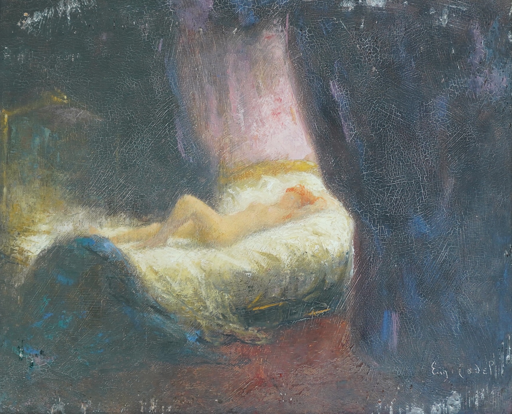 Eugène Cadel (French, 1862-1941), La Chambre Bleu and La Chambre Rose, oil on panel (2), 22 x 26cm